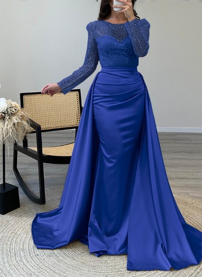 Sparkly Sequined Long Sleeves Satin Prom Dresses