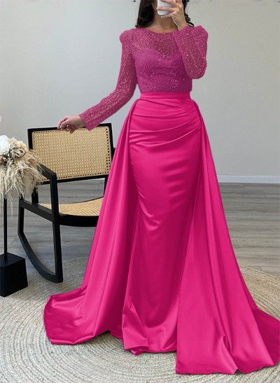 Sparkly Sequined Long Sleeves Satin Prom Dresses