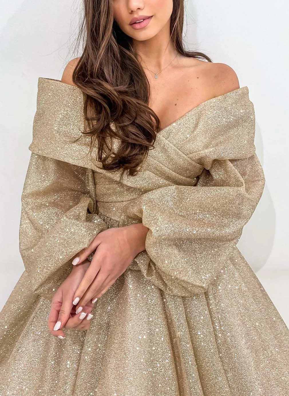 Missacc Champagne Prom Dresses Long Sleeves Off-The-Shoulder Sequined Prom Dresses With Ankle-Length
