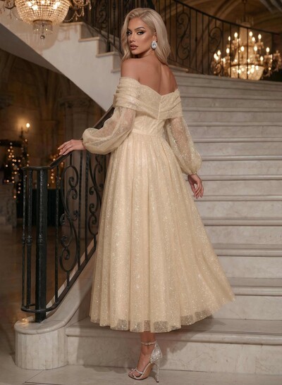 Long Sleeves Off-The-Shoulder Sequined Prom Dresses With Ankle-Length