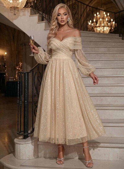 Long Sleeves Off-The-Shoulder Sequined Prom Dresses With Ankle-Length