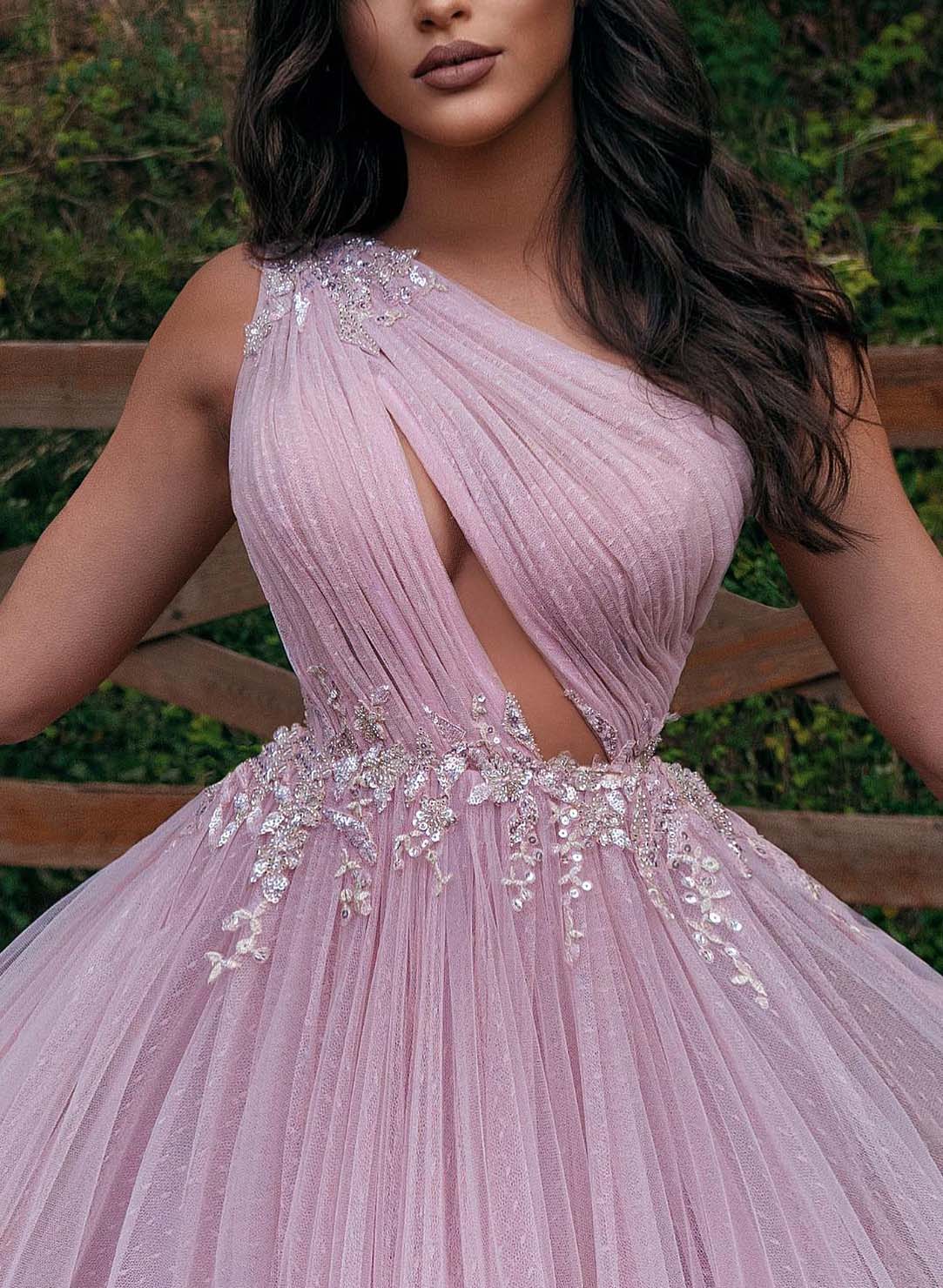 One-Shoulder Sparkly Lace A-Line Prom Dresses