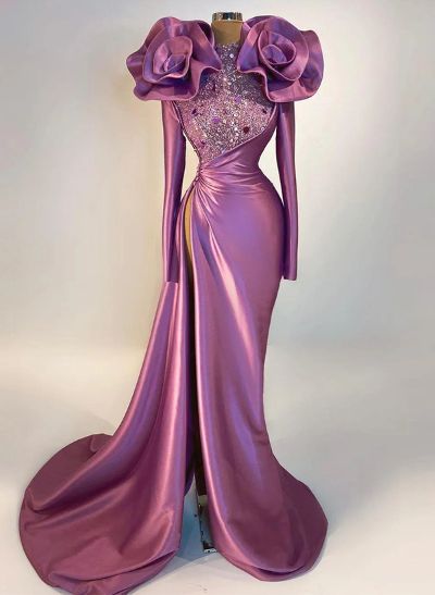 Trumpet/Mermaid Long Sleeves Prom Dresses With Sequins/Flower(s)
