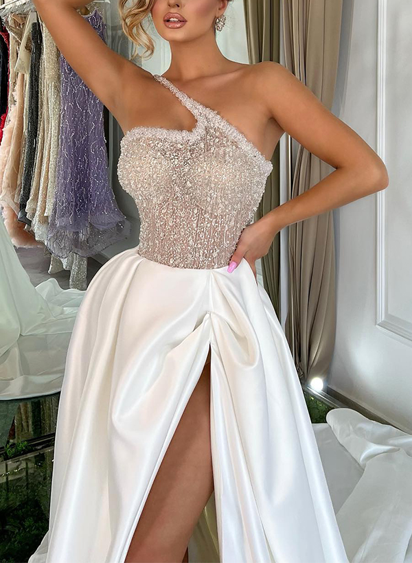 A-Line One-Shoulder Sleeveless Sequined Prom Dresses With Split Front