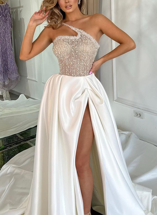 A-Line One-Shoulder Sleeveless Sequined Prom Dresses With Split Front