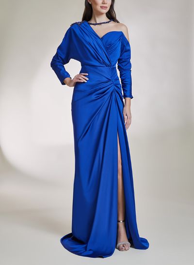 One-Shoulder 3/4 Sleeves Sweep Train Prom Dresses With Split Front