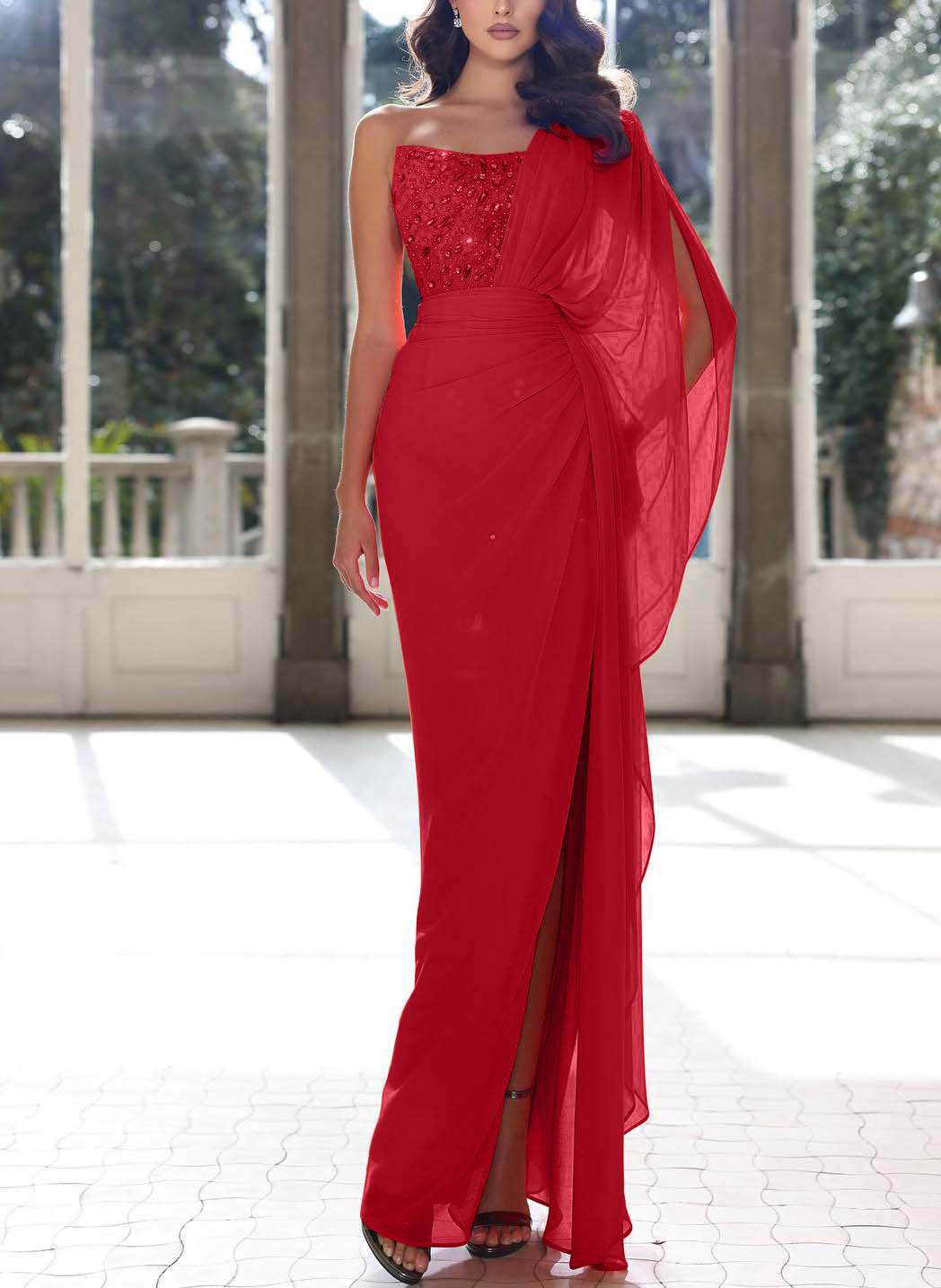 Sheath/Column One-Shoulder Chiffon/Sequined Prom Dresses With Split Front