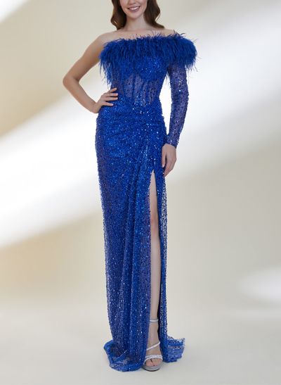 Column One-Shoulder Long Sleeves Sequined Prom Dresses With Split Front