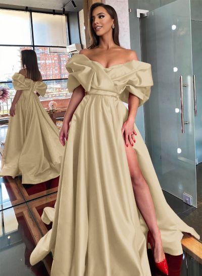 Off-The-Shoulder Satin A-Line Slit Prom Dresses