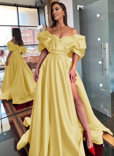 Off-The-Shoulder Satin A-Line Slit Prom Dresses