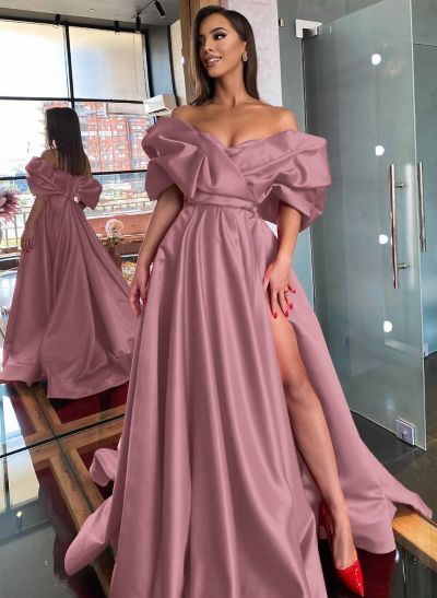 Off-The-Shoulder Satin A-Line Slit Prom Dresses