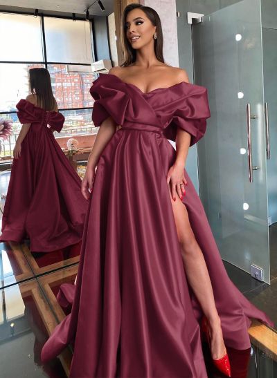 Off-The-Shoulder Satin A-Line Slit Prom Dresses Off-The-Shoulder Satin A-Line Slit Prom Dresses
