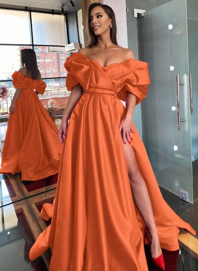 Off-The-Shoulder Satin A-Line Slit Prom Dresses