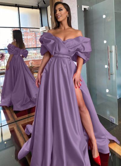 Off-The-Shoulder Satin A-Line Slit Prom Dresses