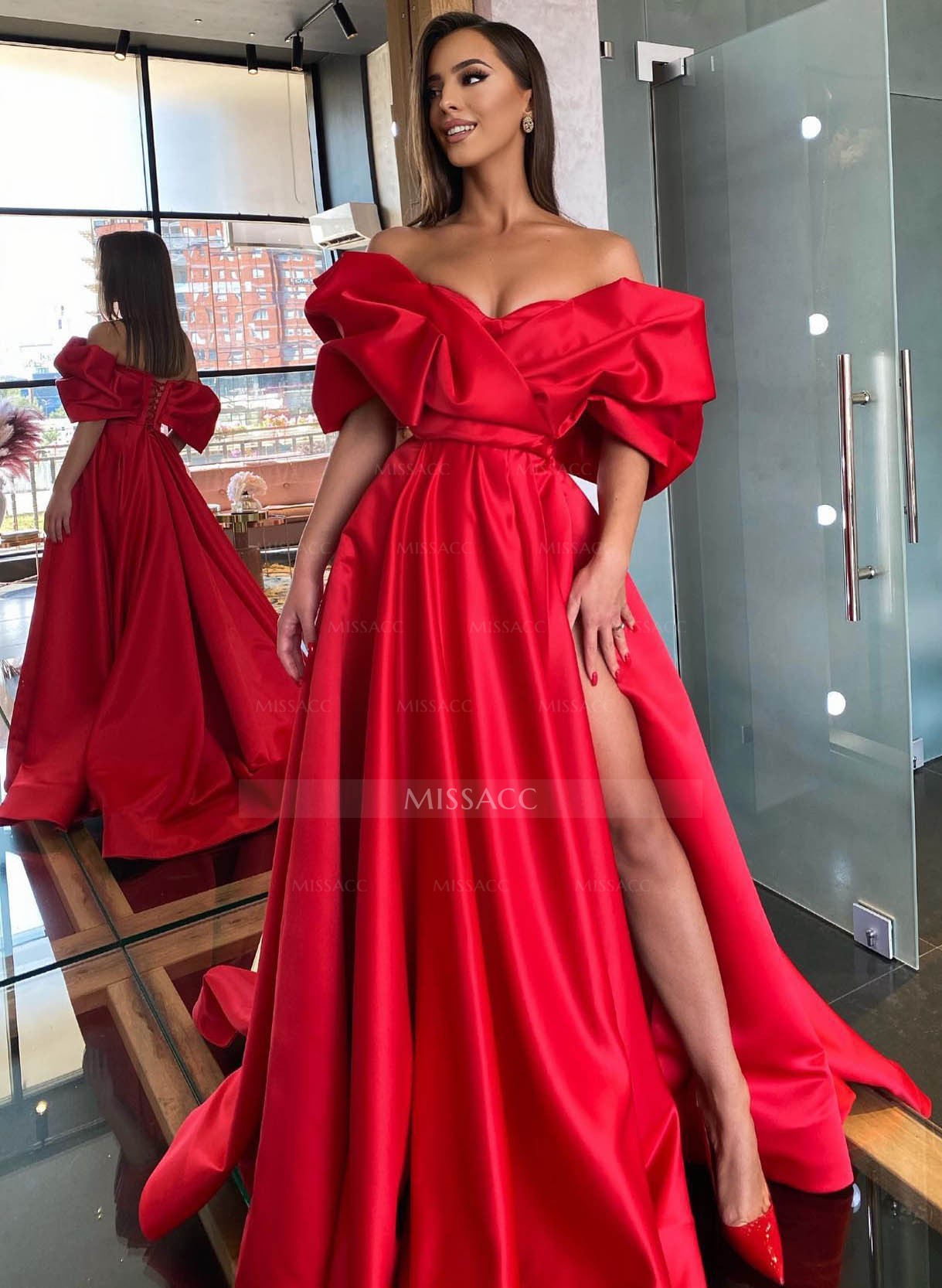 Off-The-Shoulder Satin A-Line Slit Prom Dresses