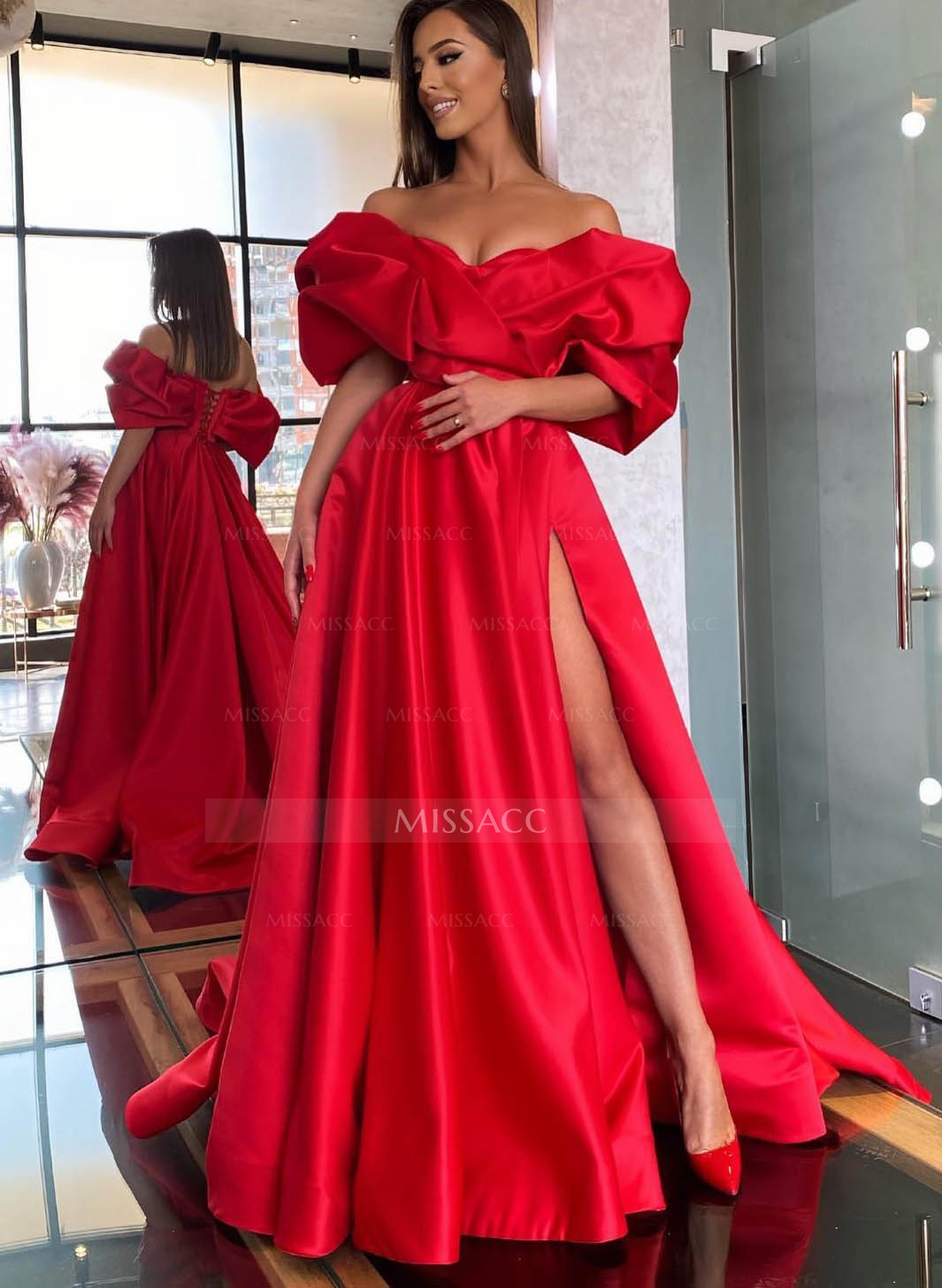 Off-The-Shoulder Satin A-Line Slit Prom Dresses