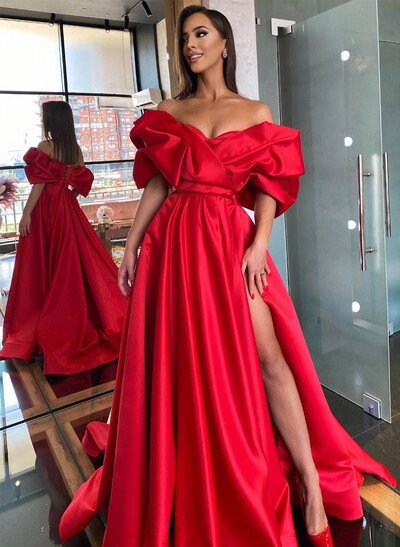 Off-The-Shoulder Satin A-Line Slit Prom Dresses