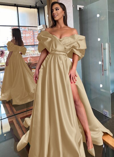 Off-The-Shoulder Satin A-Line Slit Prom Dresses