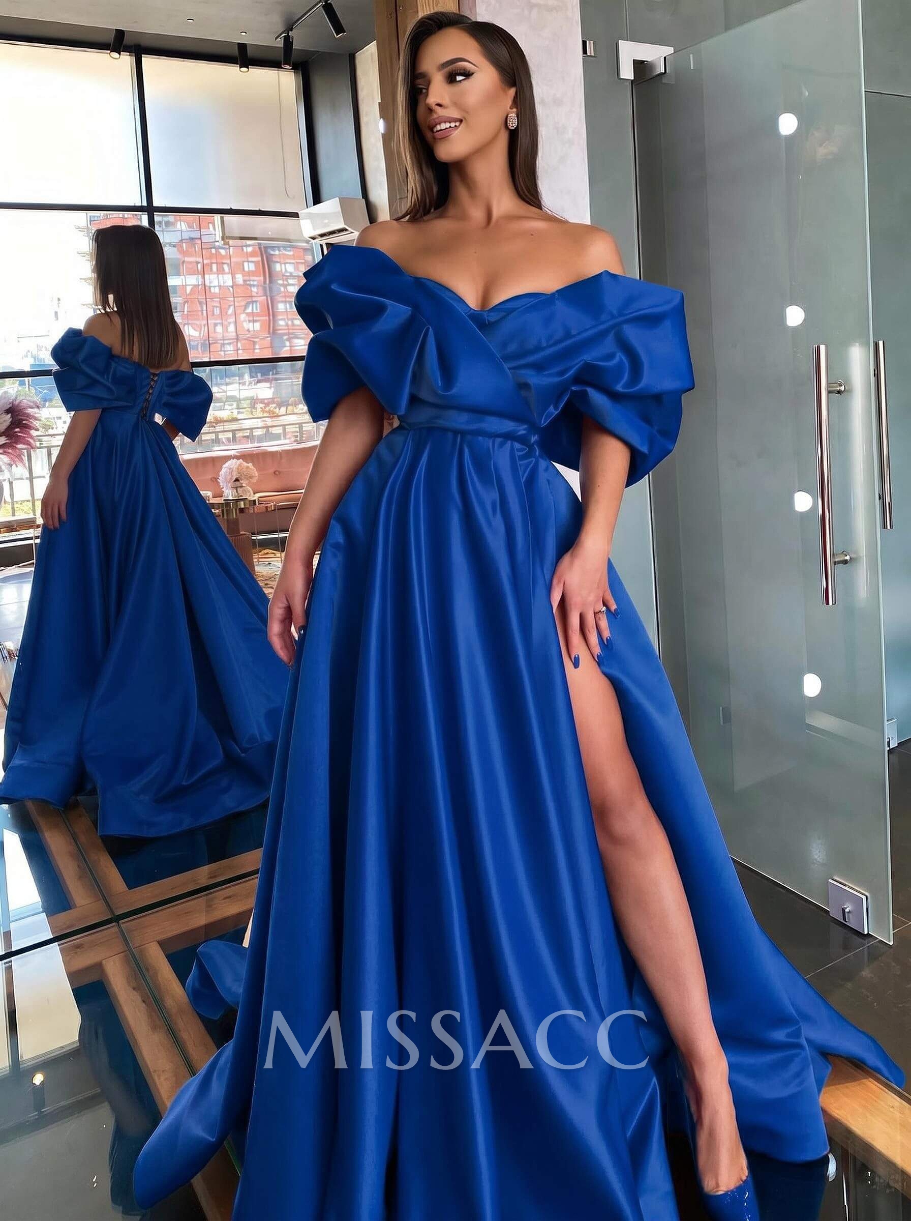Off-The-Shoulder Satin A-Line Slit Prom Dresses