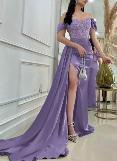 Off-The-Shoulder Sheath/Column Slit Lace Prom Dresses