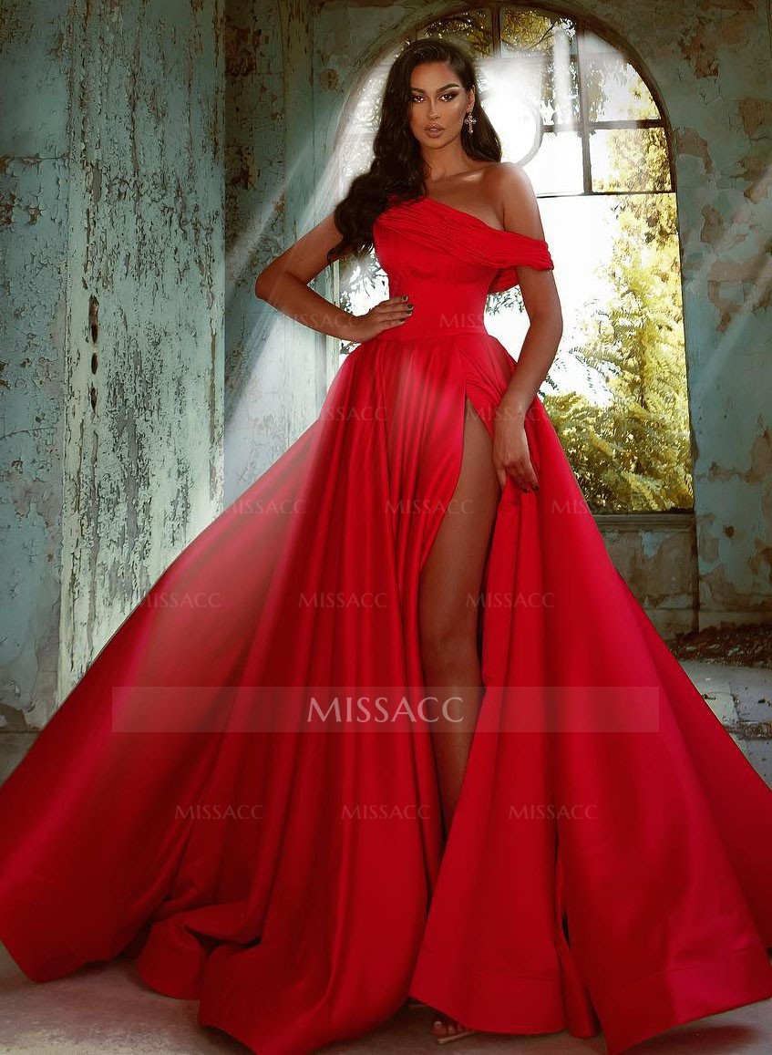 Off-The-Shoulder Satin A-Line High Slit Prom Dresses