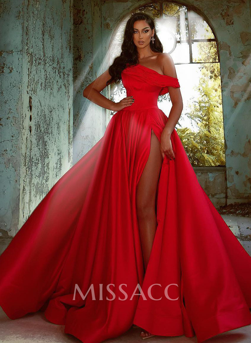 Off-The-Shoulder Satin A-Line High Slit Prom Dresses