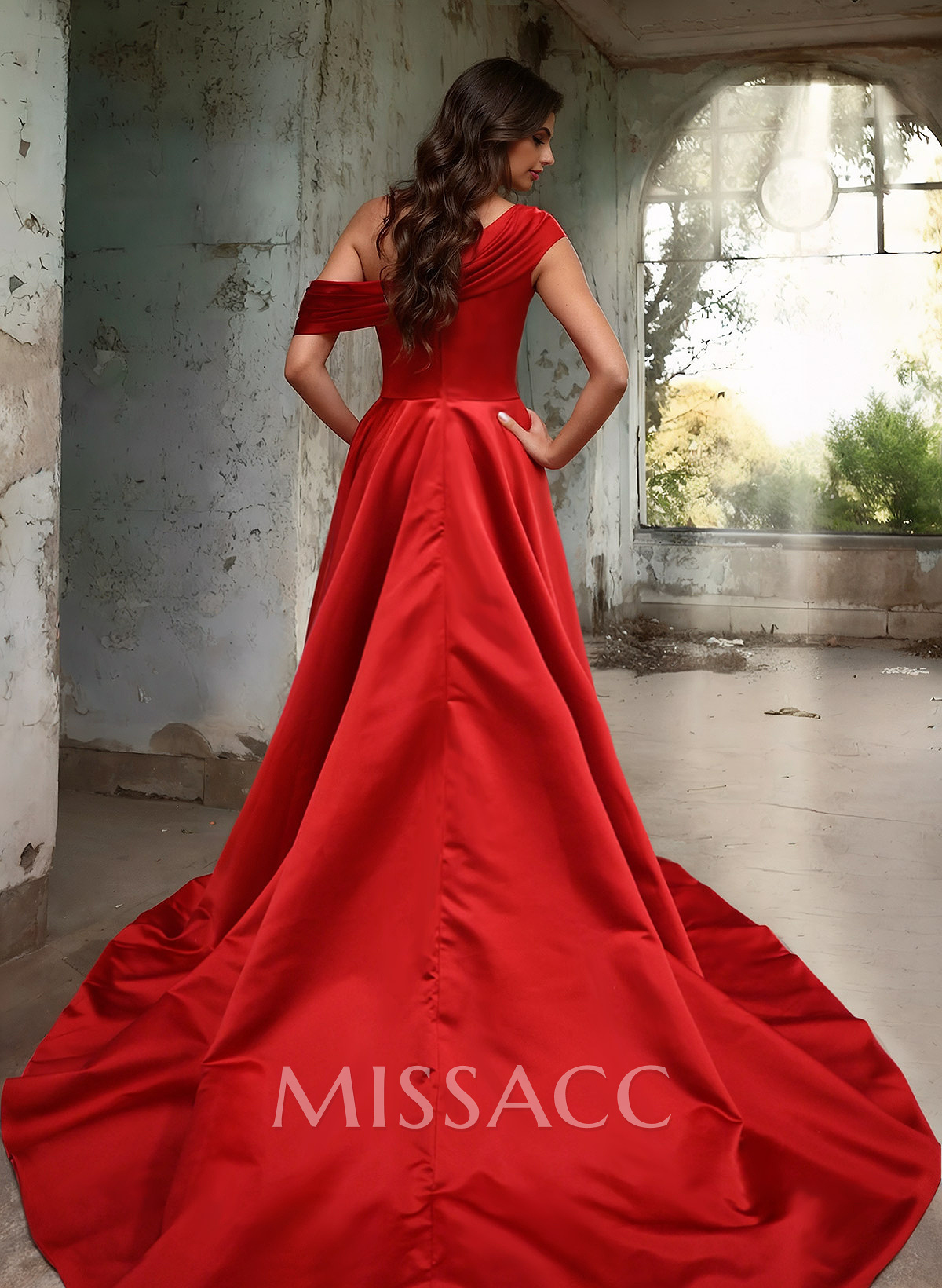 Off-The-Shoulder Satin A-Line High Slit Prom Dresses
