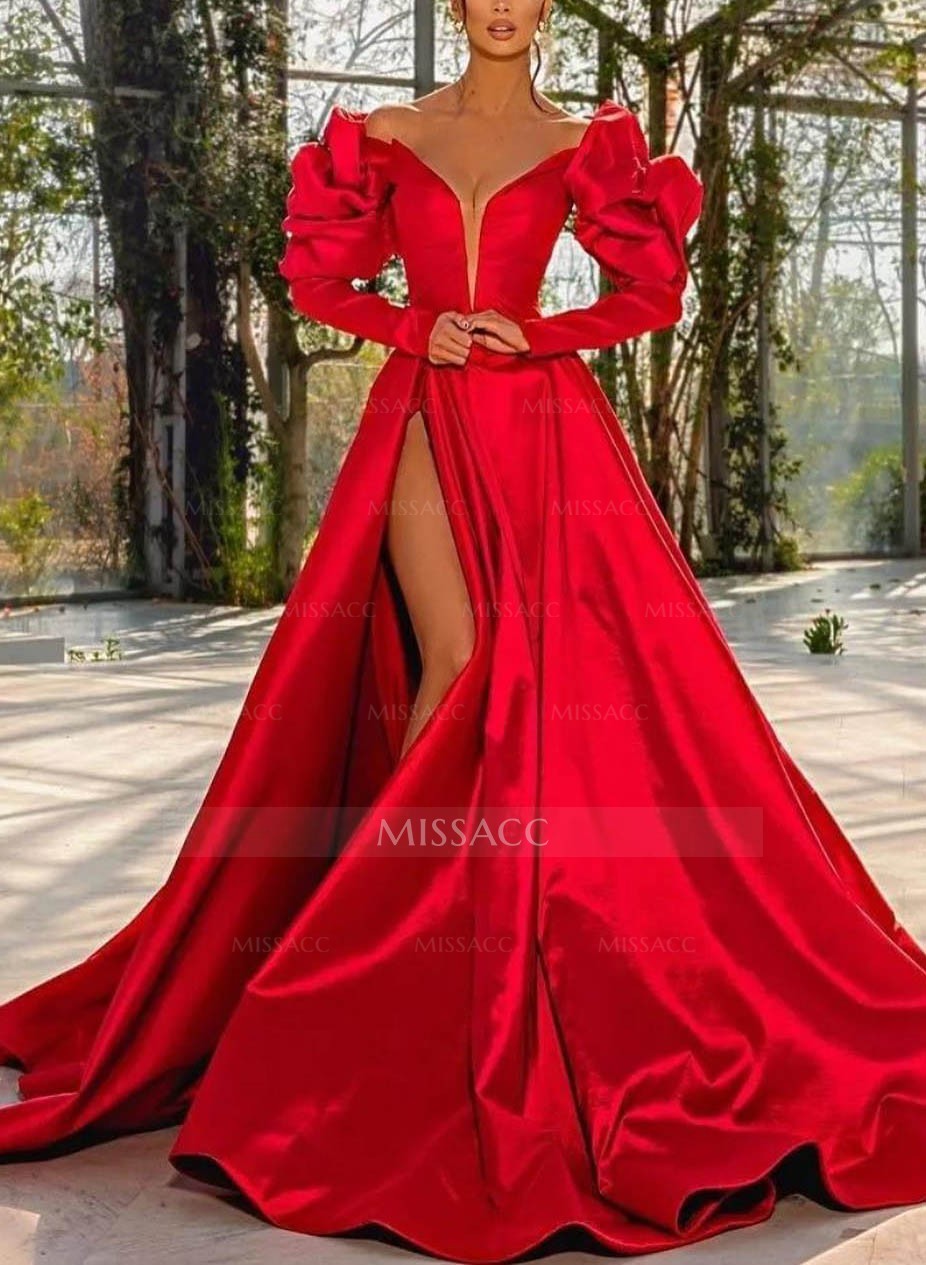 Long Sleeves Off-The-Shoulder A-Line High Slit Prom Dresses