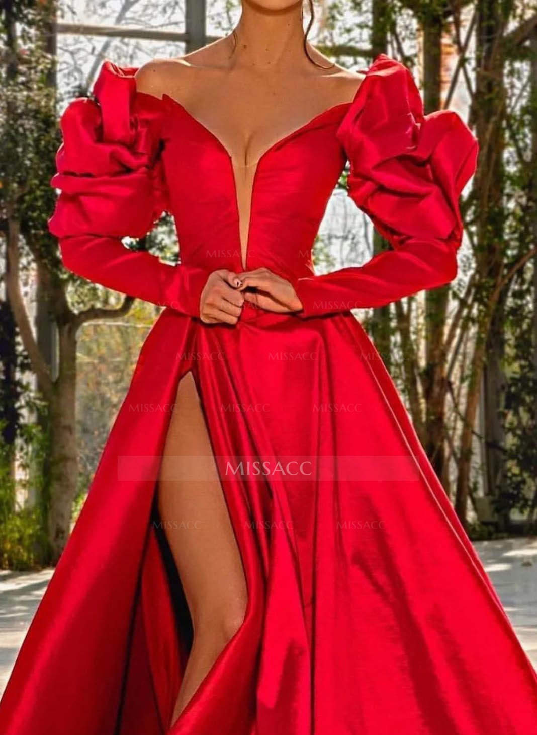 Long Sleeves Off-The-Shoulder A-Line High Slit Prom Dresses