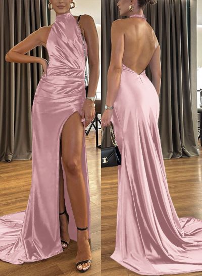 Sexy Halter Backless Silk Like Satin Simple Prom Dresses