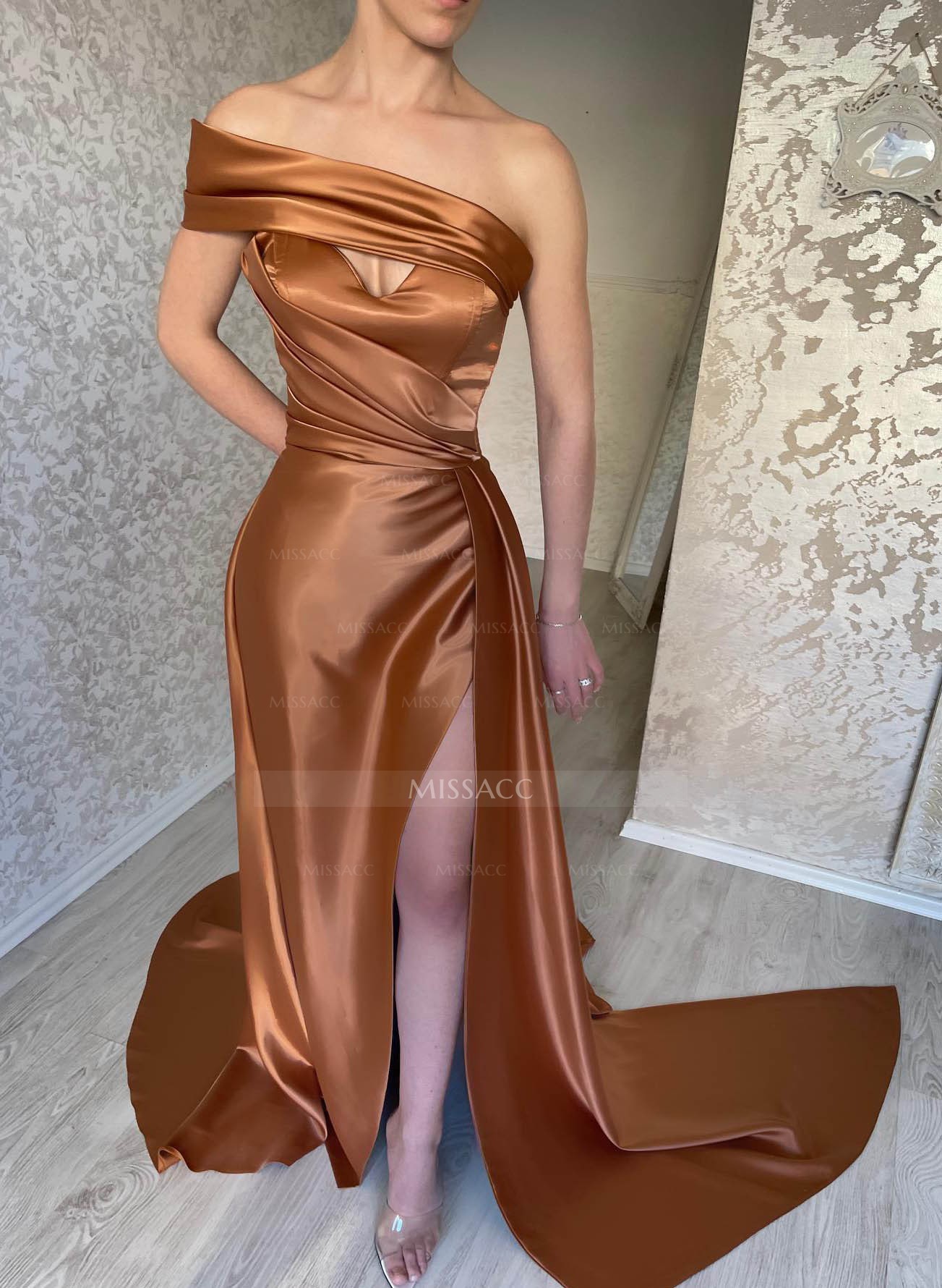 One-Shoulder Sheath/Column High Slit Prom Dresses