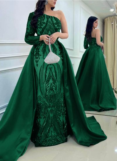 Sequined Long Sleeves One-Shoulder Prom Dresses