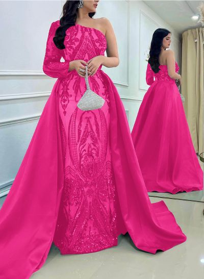 Sequined Long Sleeves One-Shoulder Prom Dresses