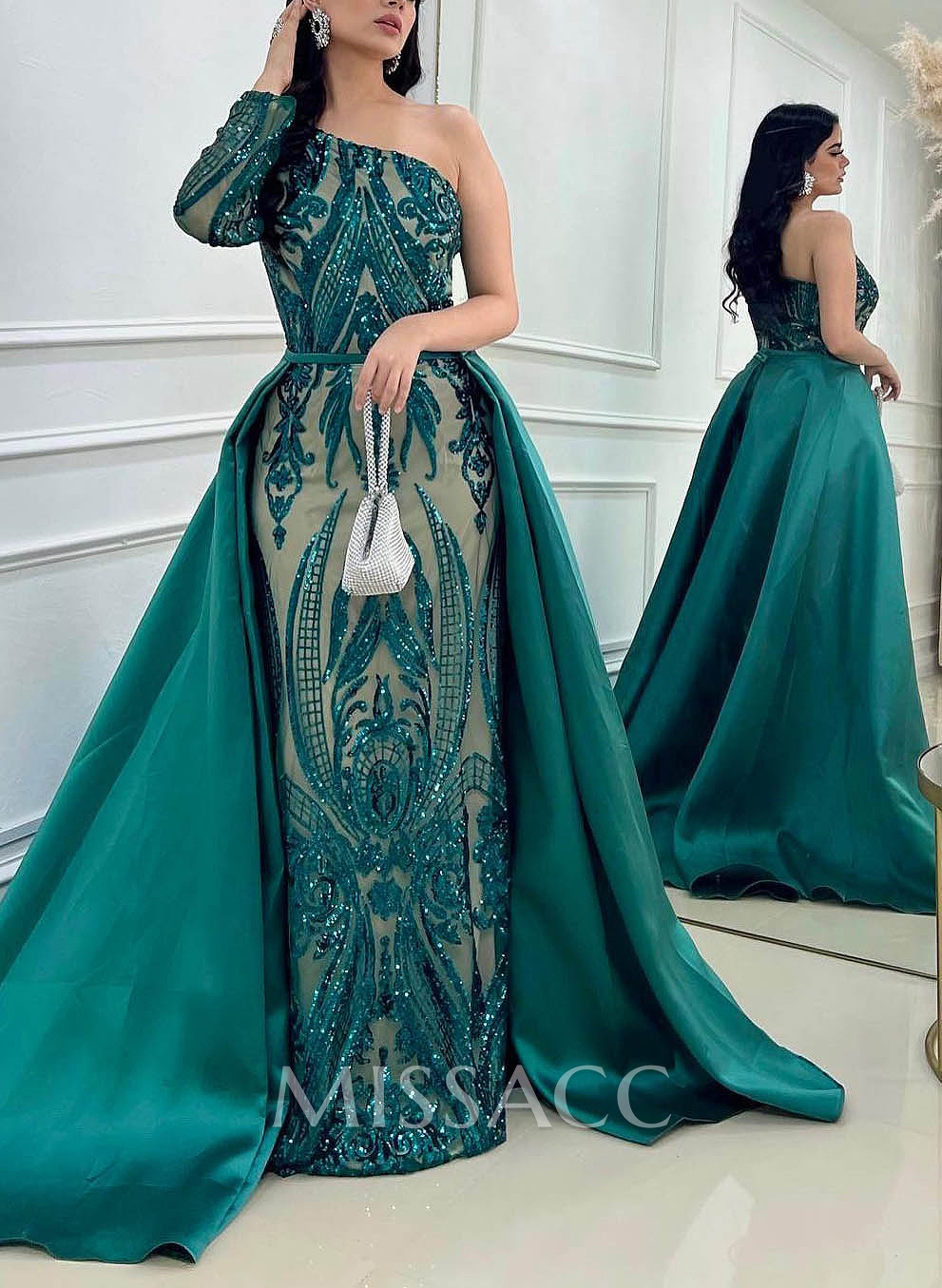 Sequined Long Sleeves One-Shoulder Prom Dresses Sequined Long Sleeves One-Shoulder Prom Dresses