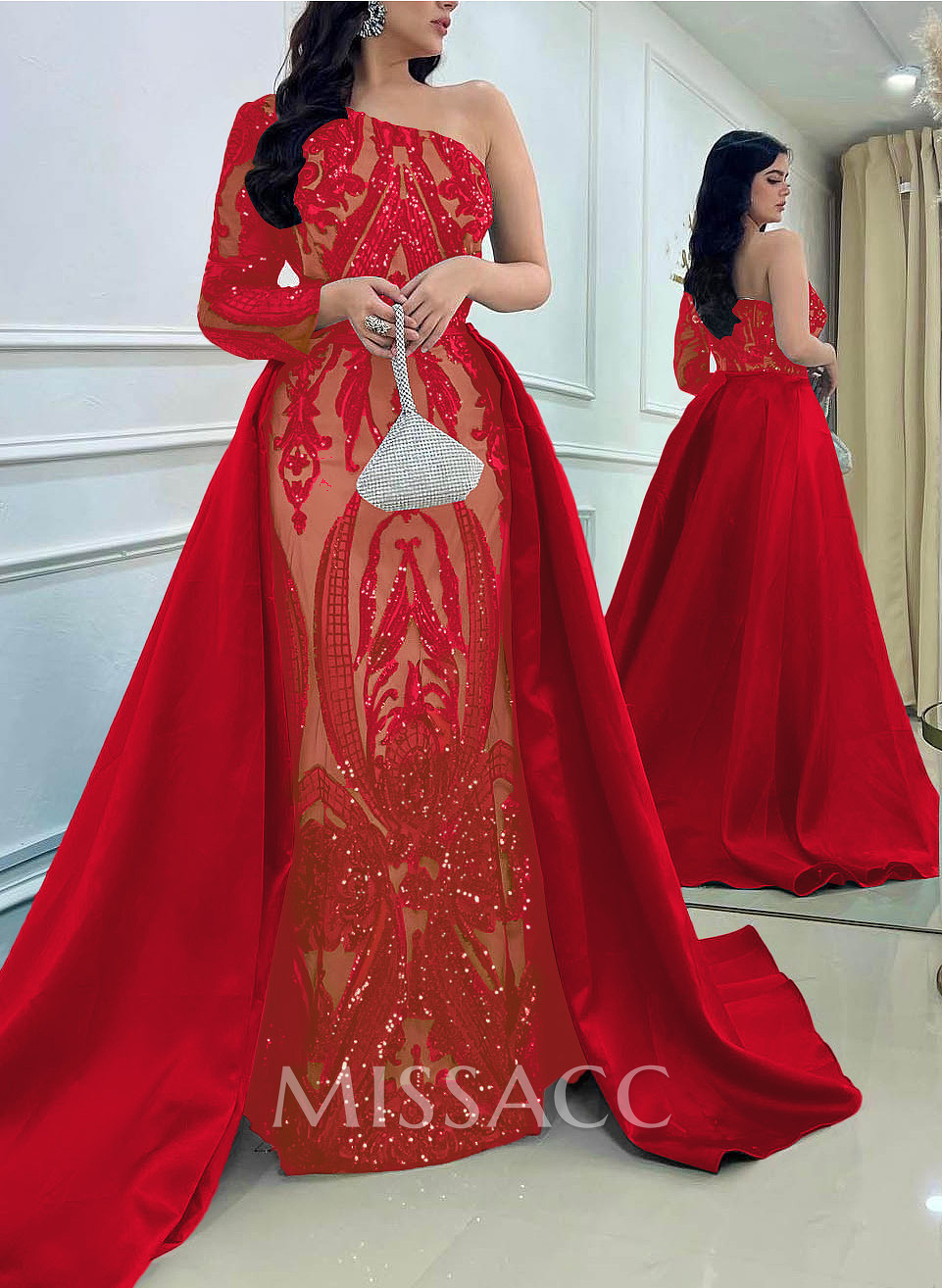 Sequined Long Sleeves One-Shoulder Prom Dresses