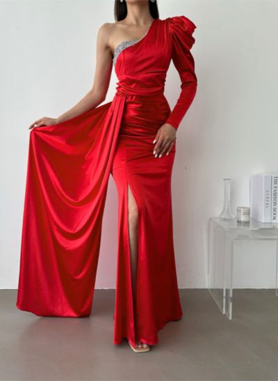 Sheath/Column One-Shoulder Long Sleeves Satin Prom Dresses With Split Front