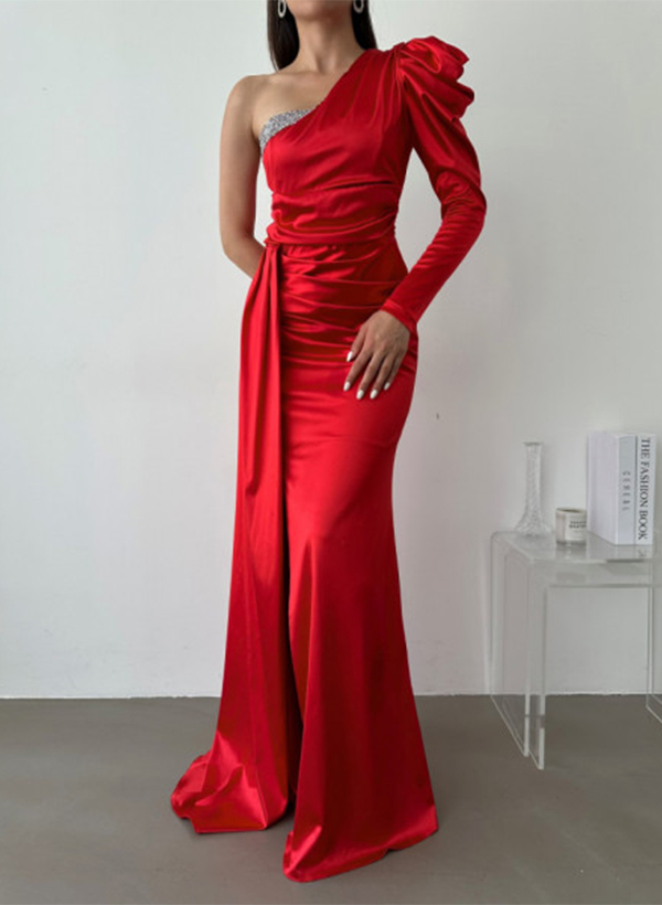 Sheath/Column One-Shoulder Long Sleeves Satin Prom Dresses With Split Front