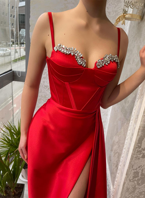 Sweetheart Sleeveless Sweep Train Prom Dresses With Split Front