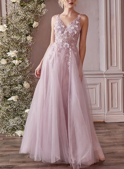 A-Line V-Neck Sleeveless Floor-Length Lace/Tulle Prom Dresses