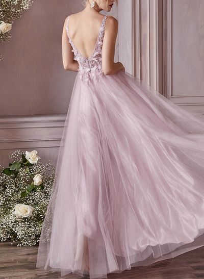A-Line V-Neck Sleeveless Floor-Length Lace/Tulle Prom Dresses