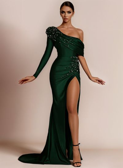 One-Shoulder Long Sleeves Sweep Train Prom Dresses With High Split