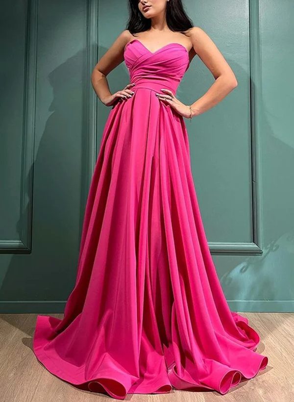 A-Line Strapless Sleeveless Sweep Train Prom Dresses
