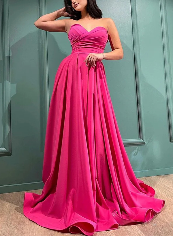 A-Line Strapless Sleeveless Sweep Train Prom Dresses
