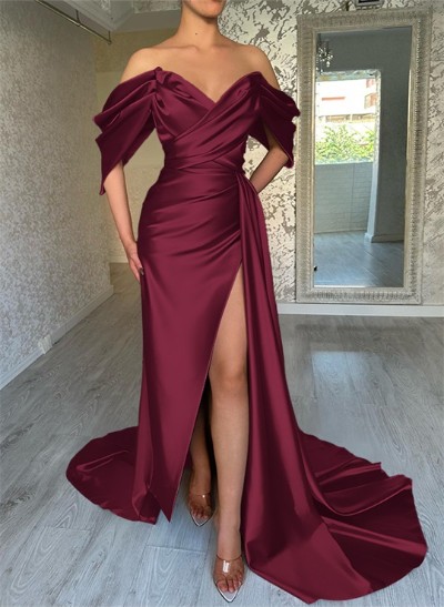 Off-The-Shoulder Sleeveless Sweep Train Prom Dresses With Split Front