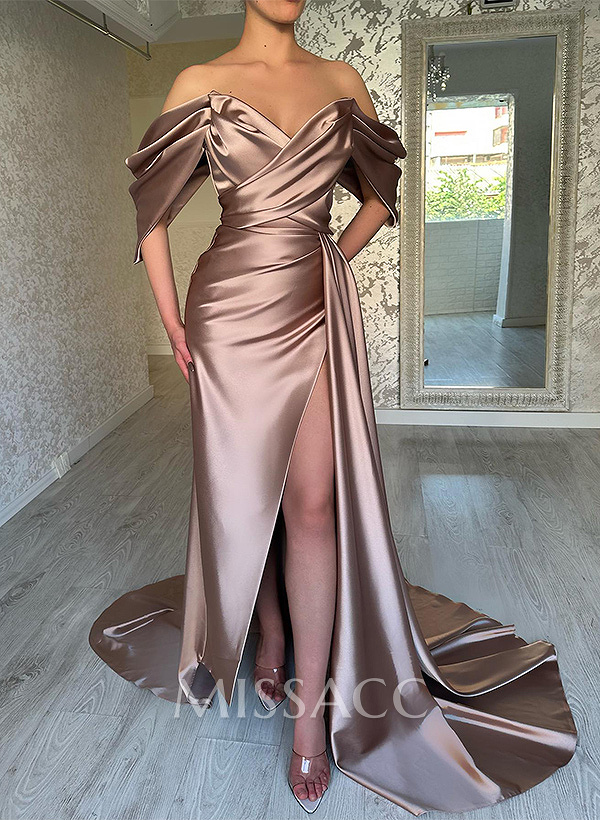 Off-The-Shoulder Sleeveless Sweep Train Prom Dresses With Split Front