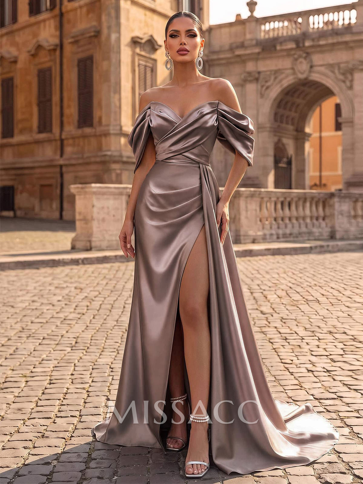 Off-The-Shoulder Sleeveless Sweep Train Prom Dresses With Split Front Off-The-Shoulder Sleeveless Sweep Train Prom Dresses With Split Front