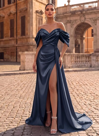 Off-The-Shoulder Sleeveless Sweep Train Prom Dresses With Split Front