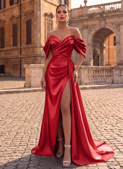 Off-The-Shoulder Sleeveless Sweep Train Prom Dresses With Split Front