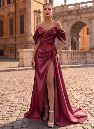 Off-The-Shoulder Sleeveless Sweep Train Prom Dresses With Split Front