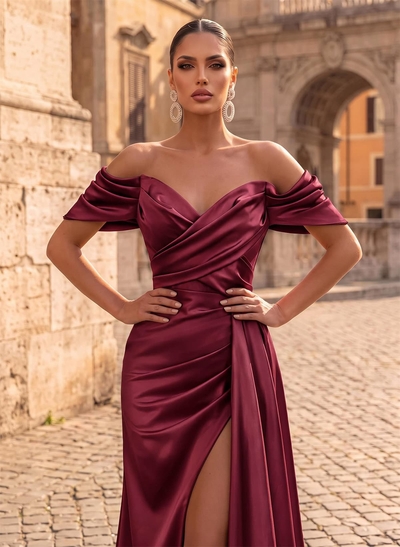 Off-The-Shoulder Sleeveless Sweep Train Prom Dresses With Split Front